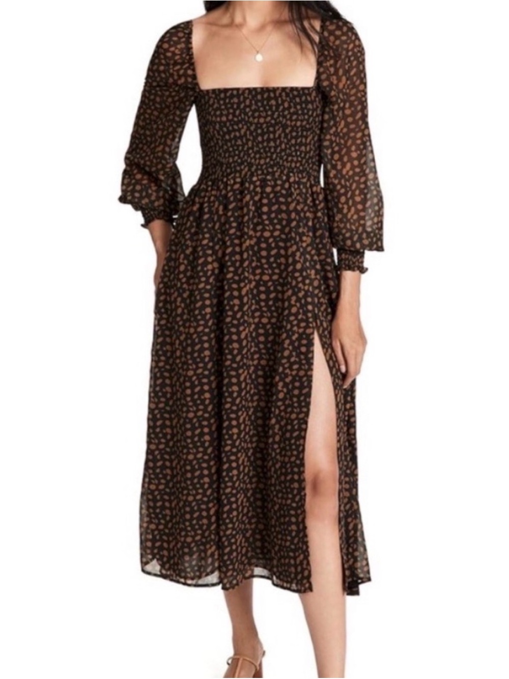 Square Nexk Black Maxi Dress with Brown Spot Print and Smocked Bodice
